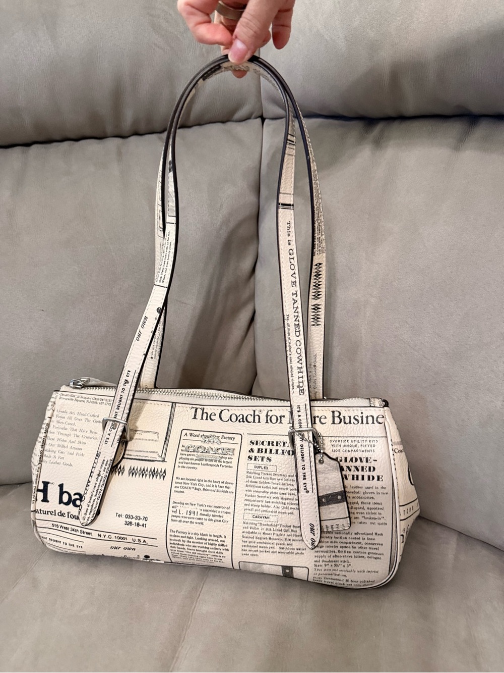 Coach Cream Newspaper-Print Shoulder Bag with Black Accents